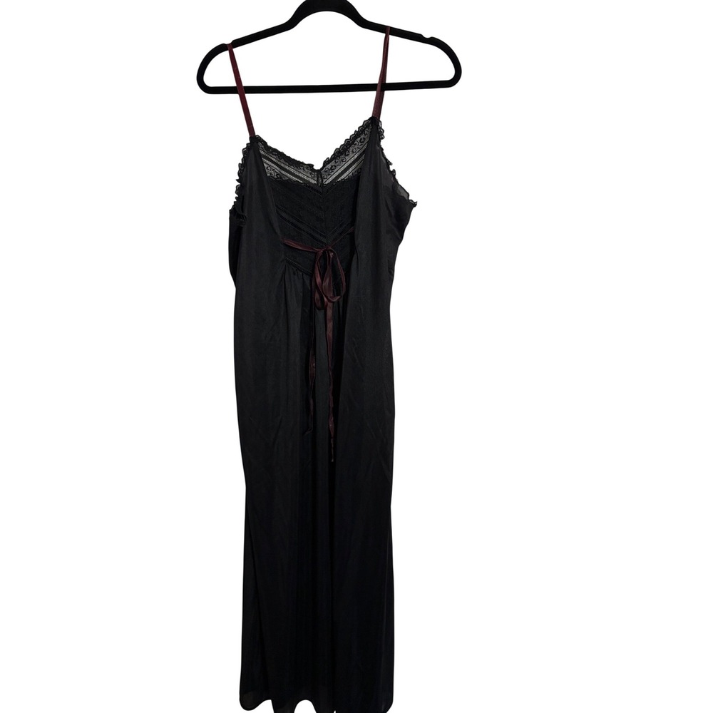 Vintage‎ Nightgown Slip Lace Trim Black Burgundy Ribbon Tie 70s 80s Noir